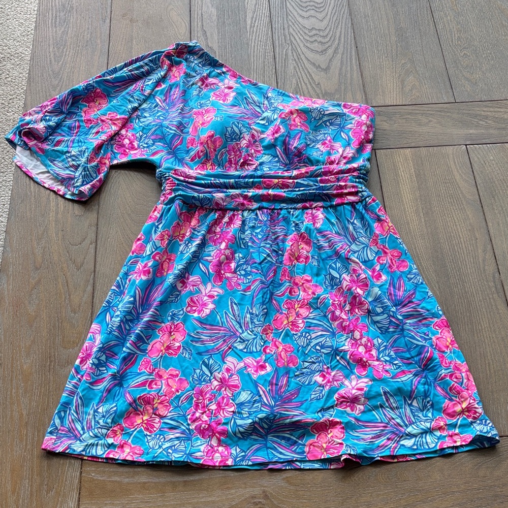 Lilly Pulitzer One-Shoulder Floral Dress in Bright Blue & Hot Pink